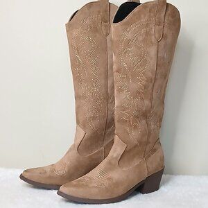 Faux Suede Western Inspired Pointed Toe Boots Tan Size EU 37/US 6.5